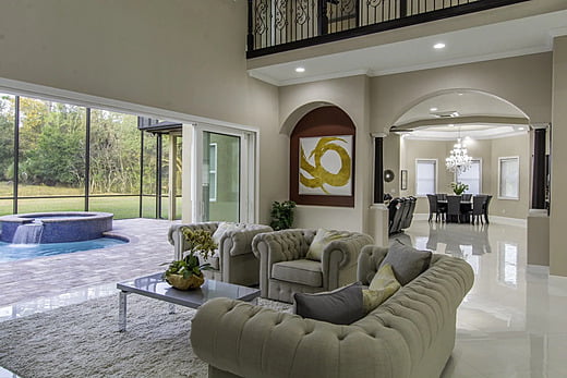 Living room in a new transitional home in Massachusetts.